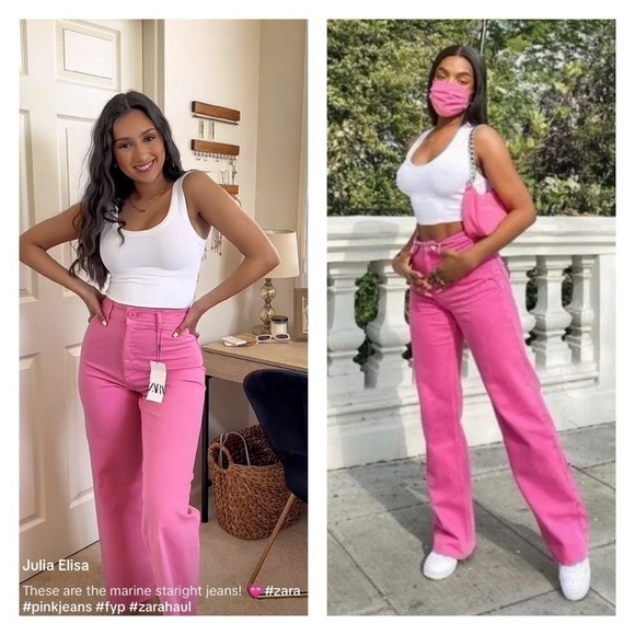 ZARA Bright Pink High Rise Wide Leg Jeans Size 2 NEW Barbie Core - Picture 9 of 13